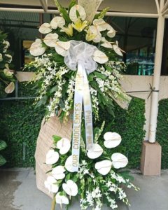 Two Layer of Standing -White Anthuriums, lilies and orchids